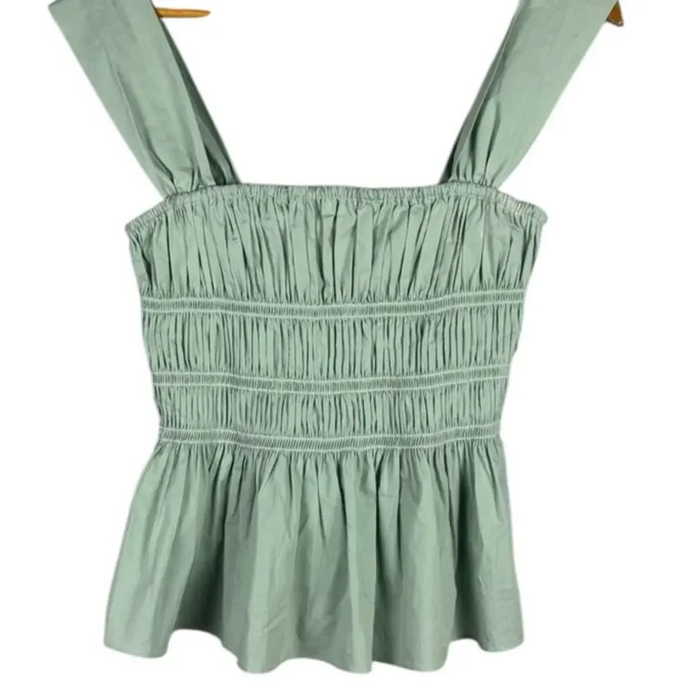 Staud Ida Smocked Poplin Top Sage Green Size Medium - Picture 3 of 9